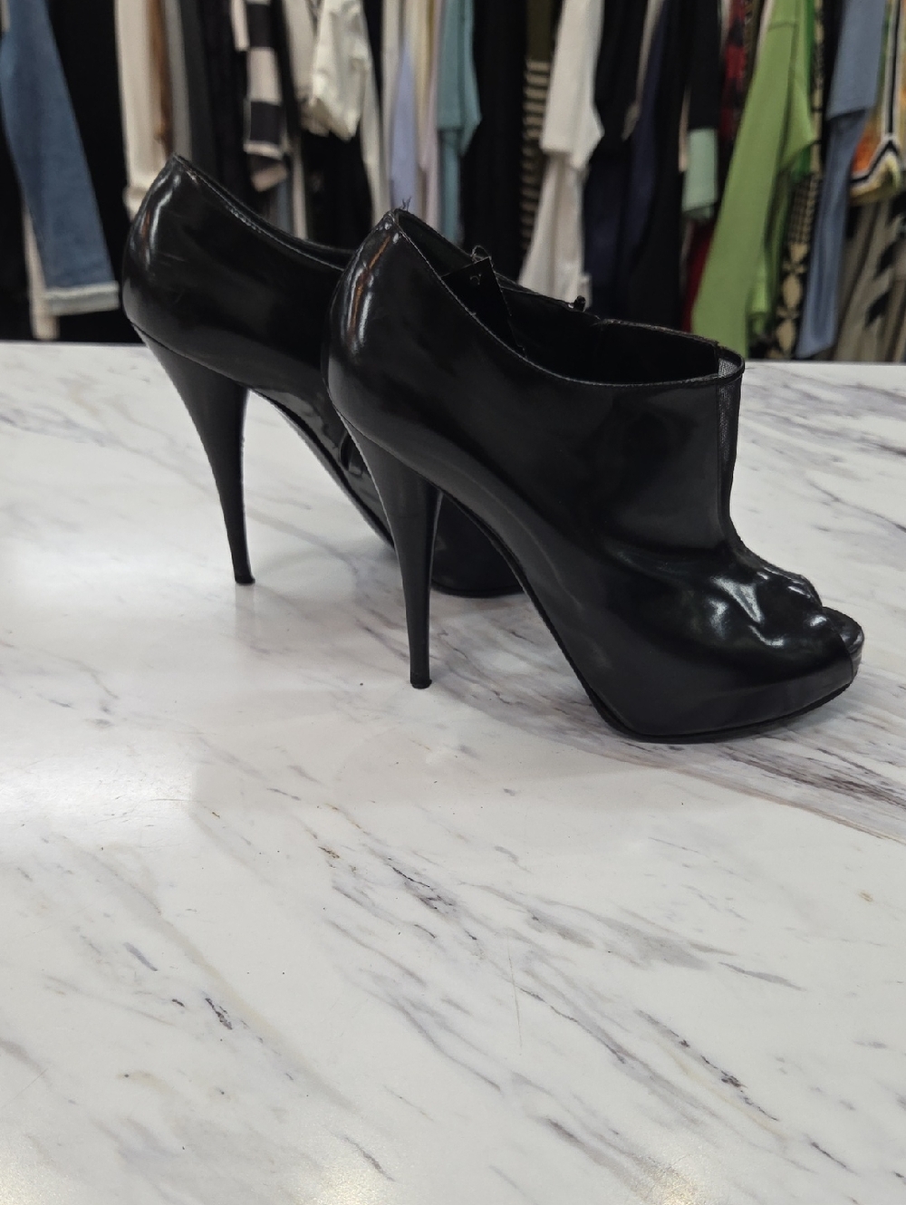 Fendi Black Patent Leather Peep-Toe Stiletto Booties